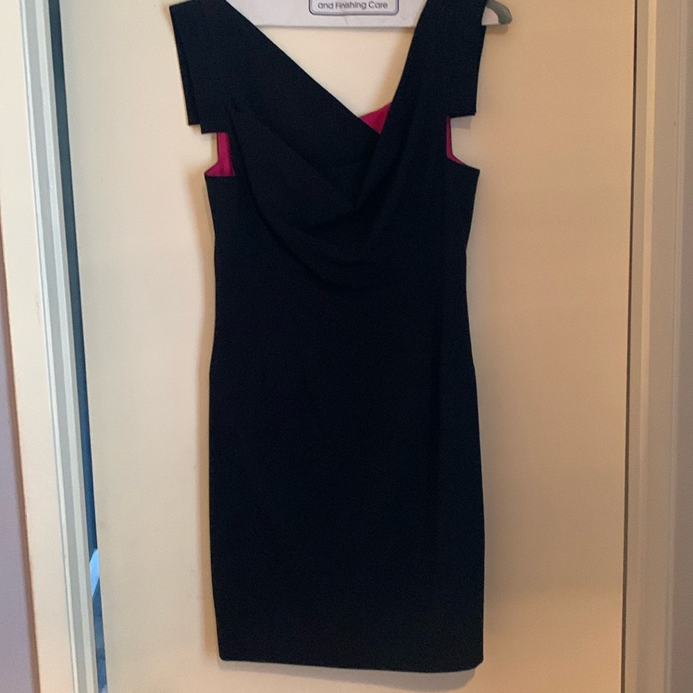 Black Halo little black dress with Fuschia lining